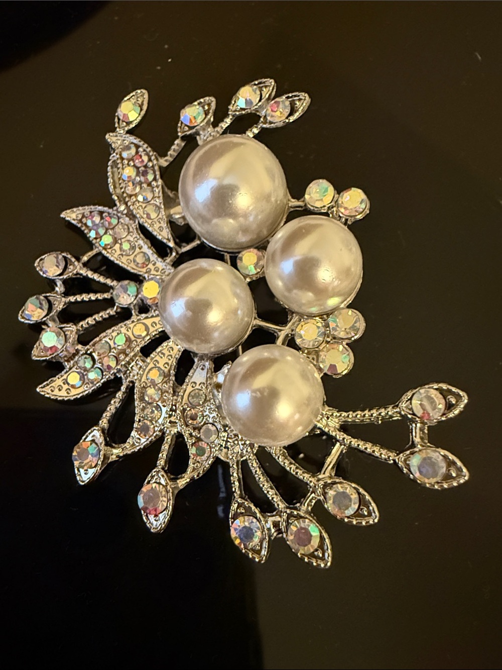 Pearl and Crystal Silver-Tone Floral Brooch - Ivory Pearls